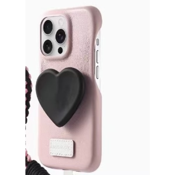 Etui til iPhone 14 sort hjerte pink læder jx cremet gul tekstur højkvalitets stand PU