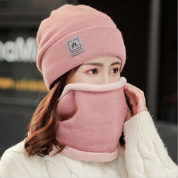 Varm vinterstickad mössa i ullfleecefodrad dam öronskydd koreansk stil herr unisex Dashan standard pink Hat scarf 2-piece set M