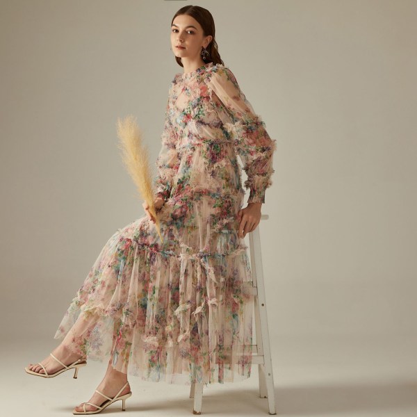 Långärmad klänning Organza plisserad elegant klänning Apricot XL