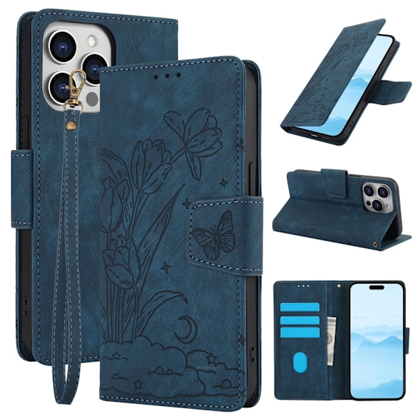 Fodral för iPhone 14/13 blått anti-fall präglat läder multifunktionell plånbok