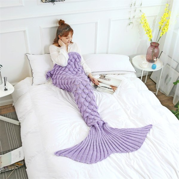 Håndlaget strikket pledd Mykt og behagelig havfruetrekk pledd ensfarget Enkelt og pustende pledd Light purple 140*70cm