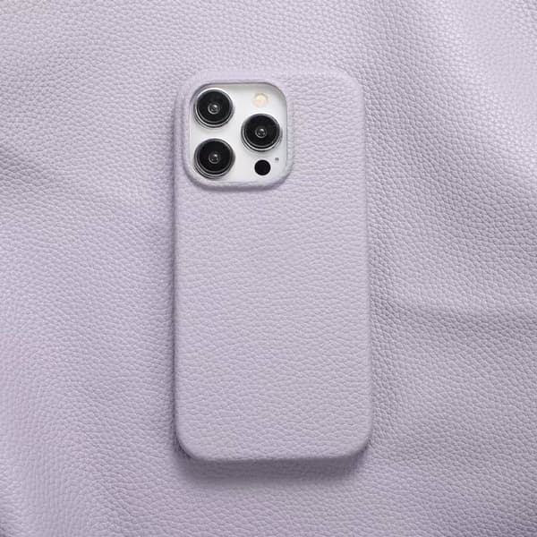 Etui til iPhone 15 Pro lychee-mønster fiolett lær mønster enkelt solid hardt fallsikkert