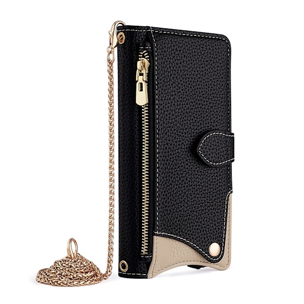 Fodral för iPhone 15plus svart med hårdvarukedja kosmetisk spegel crossbody läder bil