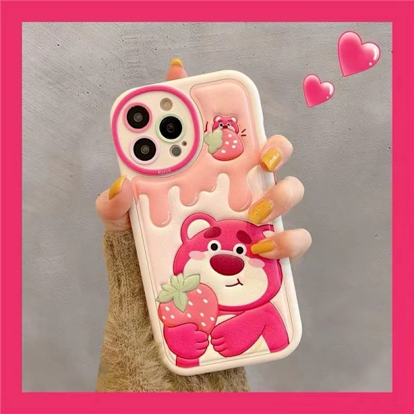 Etui til iPhone 14plus lær jordbær Winnie the Pooh bjørn Pachadog myk preging