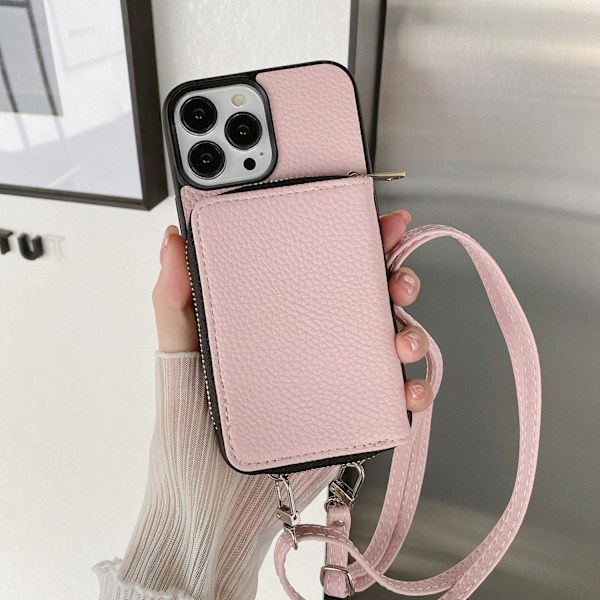 Etui til iPhone 14plus lychee mønster fuld lynlås kortholder lanyard pink japansk og koreansk diago