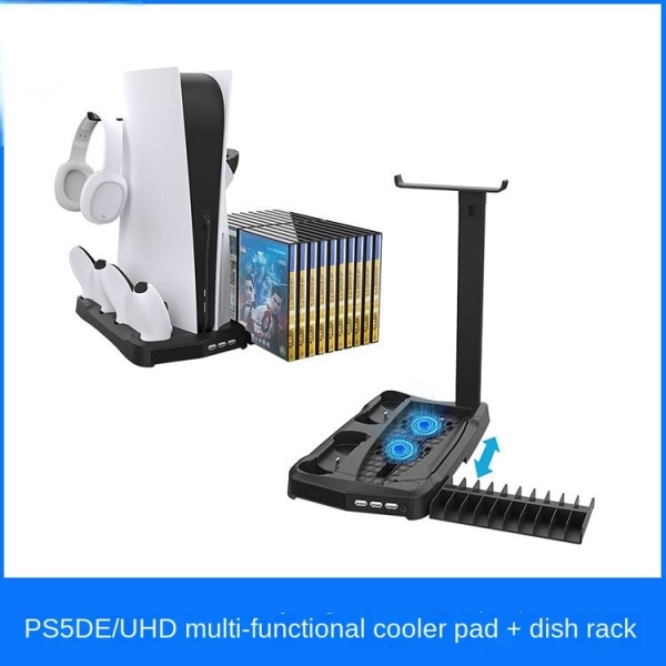 För Ps5de/UHD Host Multi-Function Cooler Pad med lagringsplatta Rack P5 Handtag Dual-Seat Laddare