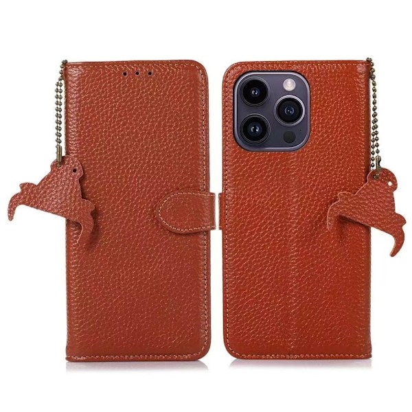 Fodral för iPhone 14 Max brunt läder litchi-korn kortplats stöldskyddsborste high end