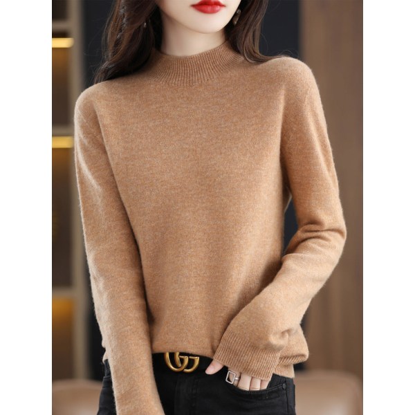 Kvinder Strik Efterår Vinter Sweater Fuld Uld Halv rullekrave Dame Base Pullover Golden camel 98*59*58cm