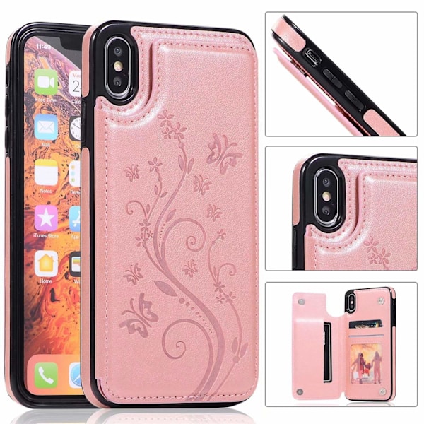 Etui til iPhone 14 Pro Max rosaguld præget sommerfugl dobbelt spænde kortholder slot læder