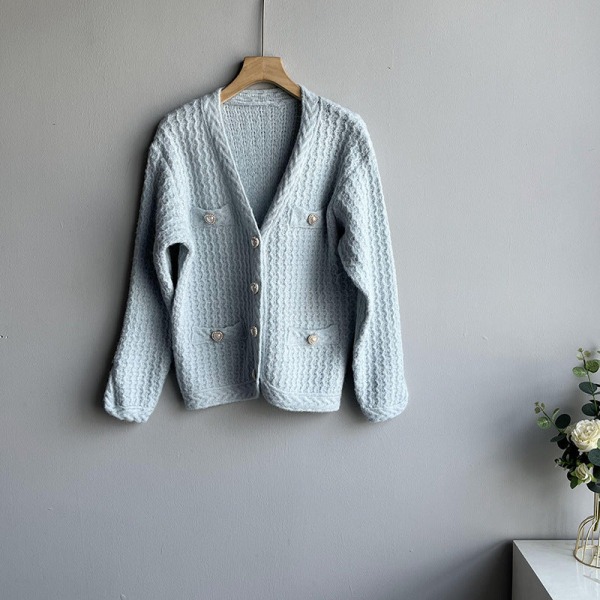 Damestrikk Høst Vinter Genser V-hals Cardigan Vintage Jacquard Lomme Løs Casual Topp Sky Blue 59*86*48cm