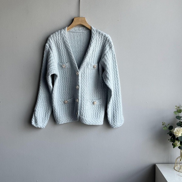 Kvinder Strik Efterår Vinter Sweater V-hals Cardigan Vintage Jacquard Lomme Løs Casual Top Sky Blue 59*86*48cm
