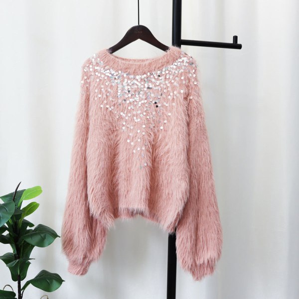 Kvinder Strik Efterår Vinter Sweater Løs Mink-lignende Uld Pullover Pailletter Top Pink 50*49*104cm