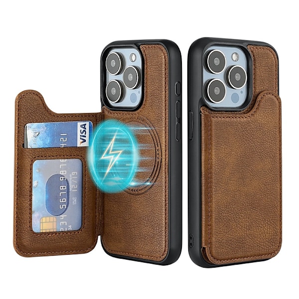 Etui til iPhone 15 Pro Max brun læder magnetisk kortholder pung
