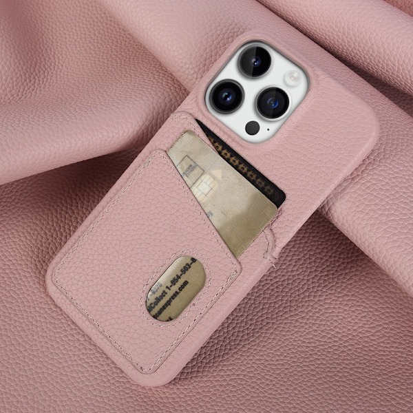 Fodral för iPhone 14 Pro rosa läder litchi kortplats