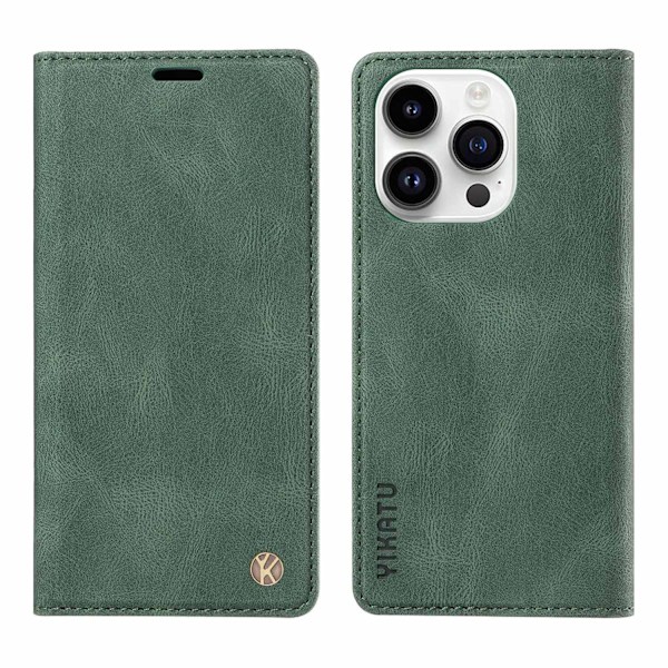 Etui til iPhone 15 6.1 grøn hudfølelse mat magnetisk suge læder solid flip