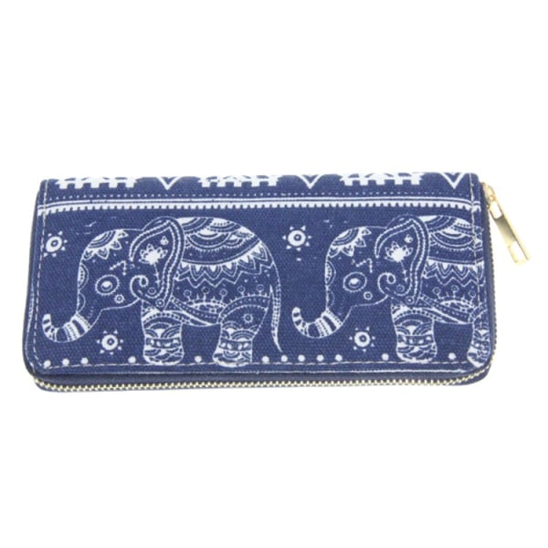 Elephant Cartoon Etnisk stil lång canvas plånbok Clutch plånbok korthållare Navy blue