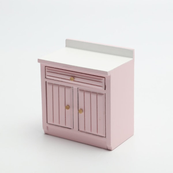 Miniatyrmøbler Leketøy Dukker Hus Gjør-det-selv-dekorasjon Tilbehør Mini 1:12 Kjøkken Benk vask skap Pink kitchen counter