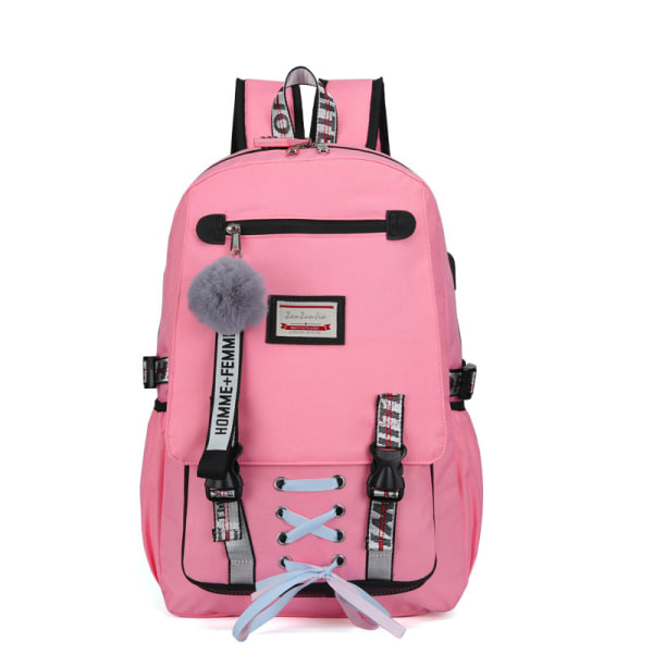 Kouluopiskelijareppu College Bookbag -matkalaukku Casual USB -lataus, kulutusta kestävä . Pink