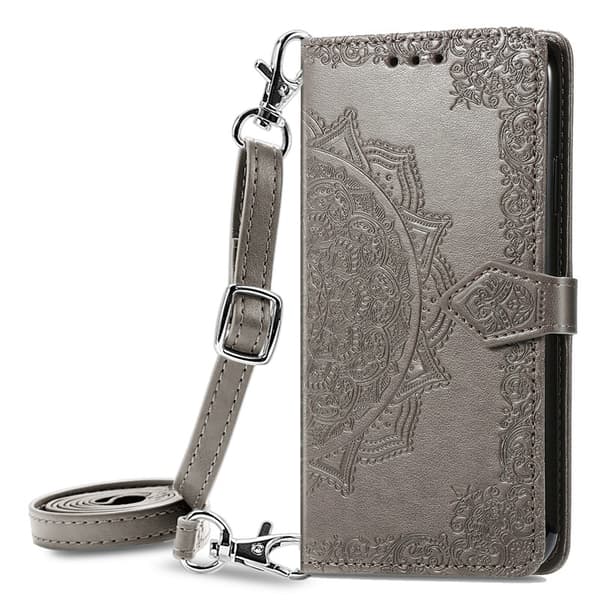 Etui til iPhone 16 Pro grå mandala lær lang crossbody snor preget