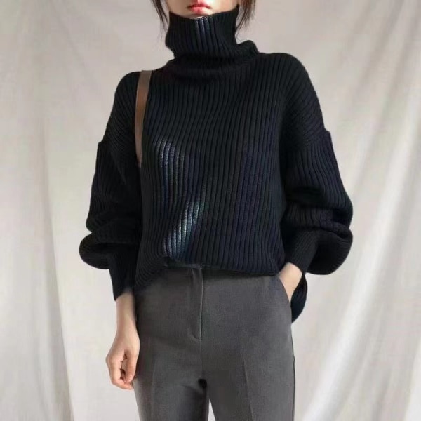 Kvinder Strik Efterår Vinter Sweater Ensfarvet Høj krave Løs Chic Bottoming Shirt Top Black 61*106*47cm