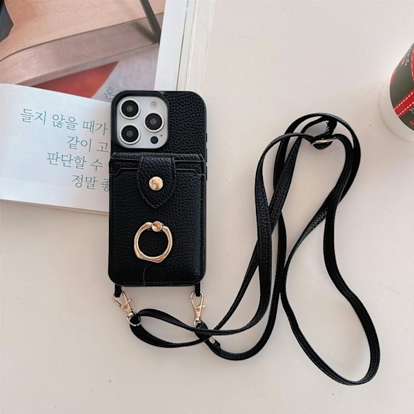 Etui til iPhone 13 Pro sort crossbody multi-kort ring solidt fuldt anti-fald klistermærke Japan
