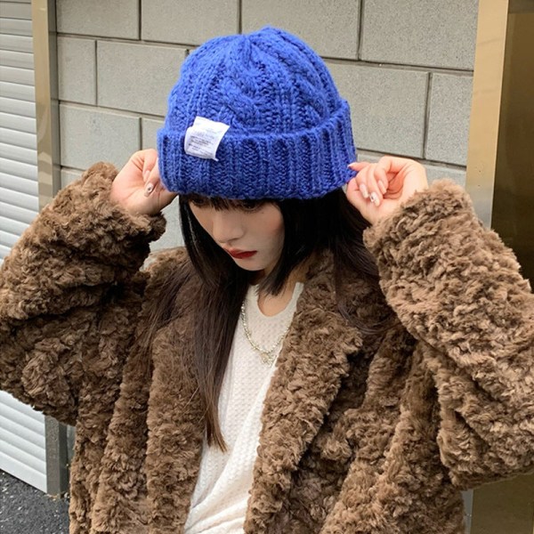 Varm vinter stickad mössa i ren färg japansk ull dam koreansk stil hörselskydd unisex Coarse knitted woolen cap-Blue Green M（56-58cm）