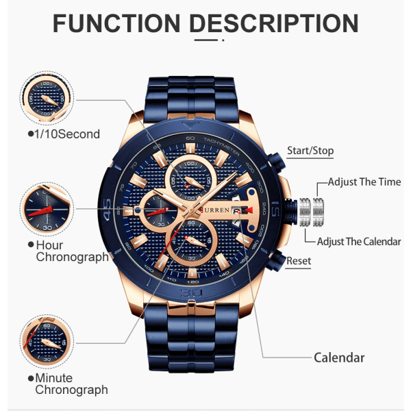 Menn Business Steel Belte Watch Quartz Waterproof Watch MZMW-8337 Blue