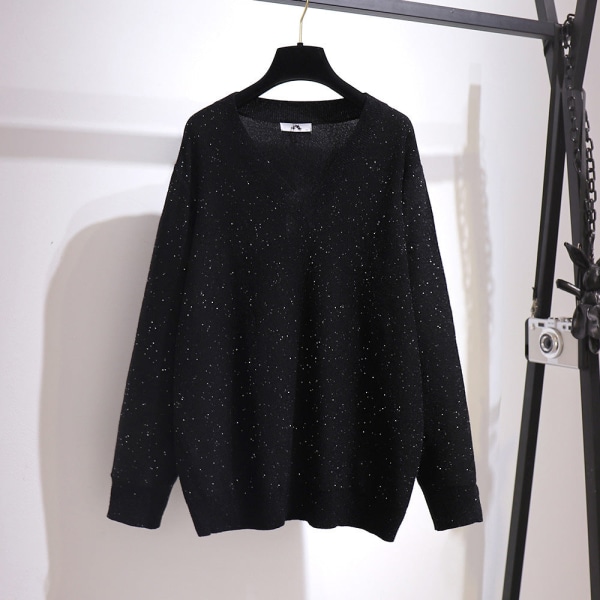 Kvinder Strik Efterår Vinter Sweater plus Størrelse V-hals Mid-Length plus-Sized Black 5XL
