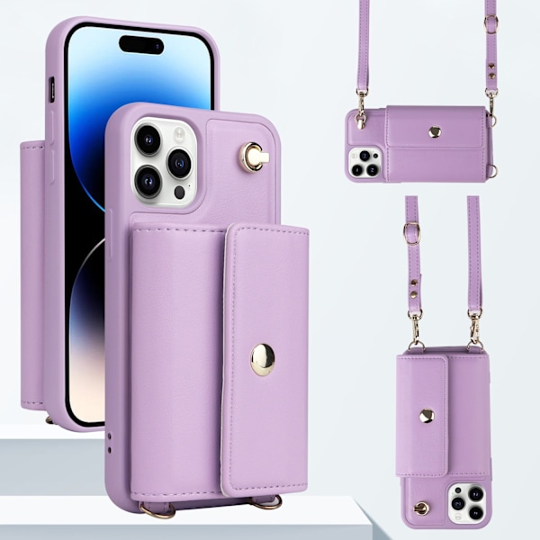 Fodral för iPhone 14 lila lång crossbody-rem moderiktig dragspelskorthållare