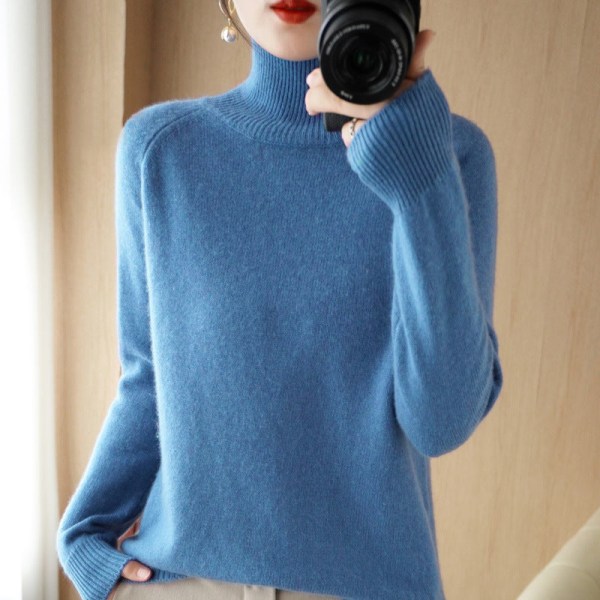 Kvinder strik efterår vinter sweater koreansk stil fortykket rullekrave Raglan bundskjorte løs Haze blue XXL