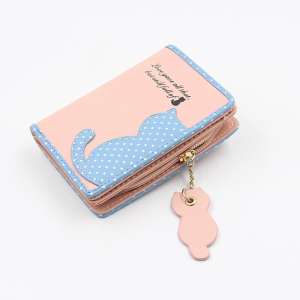 Kvinner lommebok mynt veske Short Cute Cartoon Half Cat Glidelås Liten sammenleggbar student clutch Pink