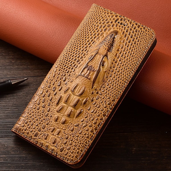 Fodral för iPhone 13pro MAX Alligator huvud ljusbrunt läder flip