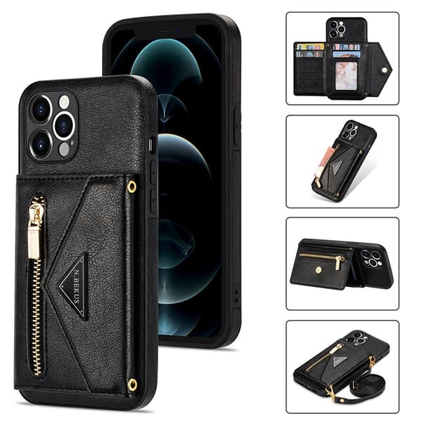 Etui til iPhone 6 Plus Sort crossbody læder multifunktionel lynlås pung
