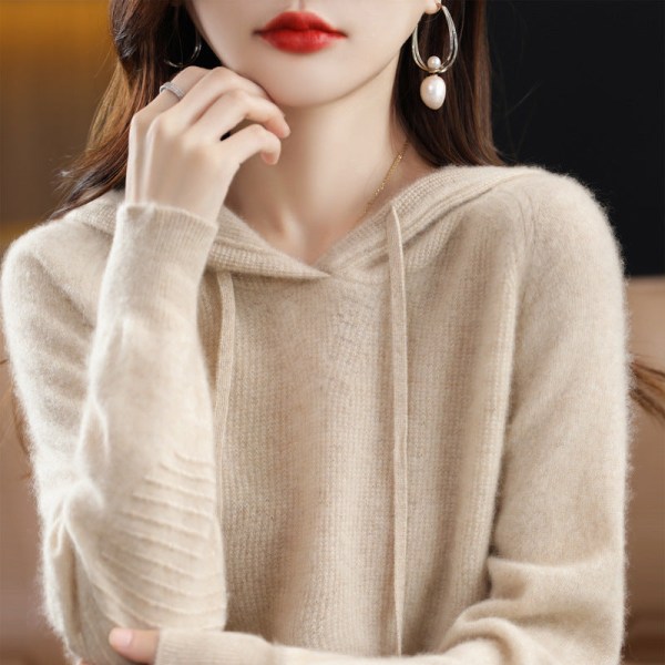 Kvinnor stickat höst vinter tröja huvtröja Lös mångsidig enfärgad topp Beige XL