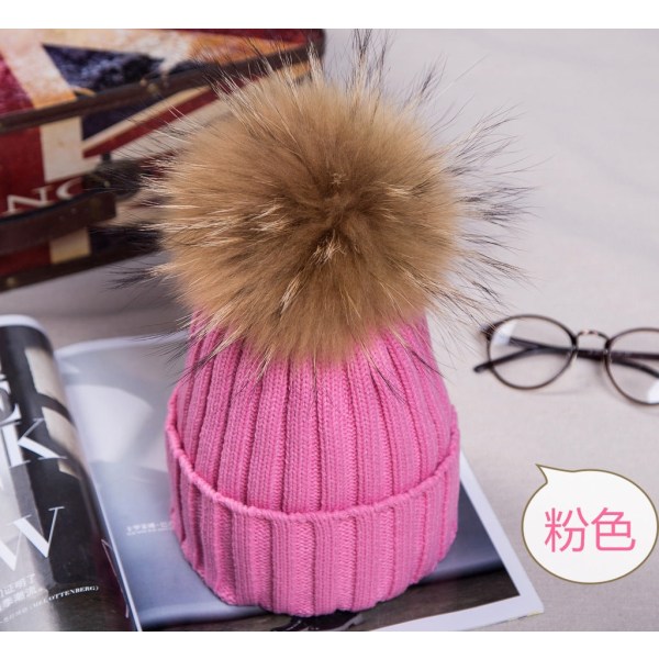Varm vinter strik hue hue efterår curling ørebeskyttelse koreansk stil plys bold uld unisex Raccoon Fur 15cm pink M