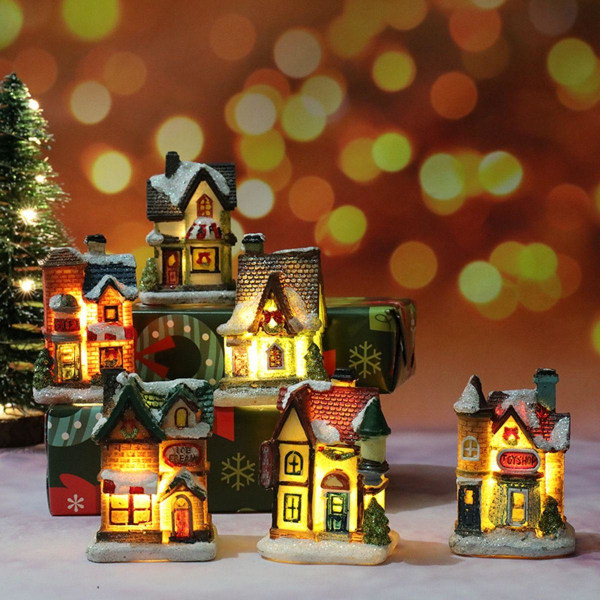 Garden Resin Craft Mini Miniatures Valoisa joulukoristeita Village House Ornament LED-valo Like the picture B