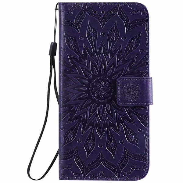 Fodral för iPhone16Plus lila läder solros präglat totem