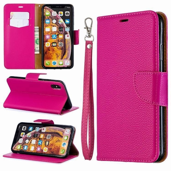 Etui til iPhone 13 Mini Rosarød Lychee Tekstur Solidt Læder Kort Slot Flip