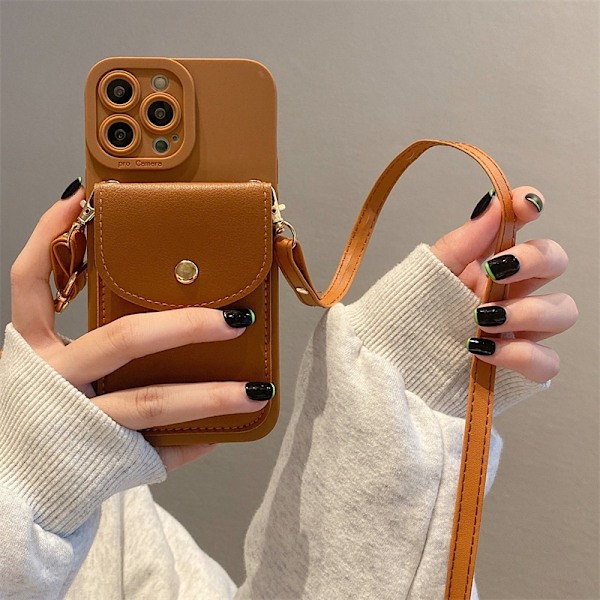 Fodral för iPhone16 brun korthållare läder crossbody rem snodd anti fall
