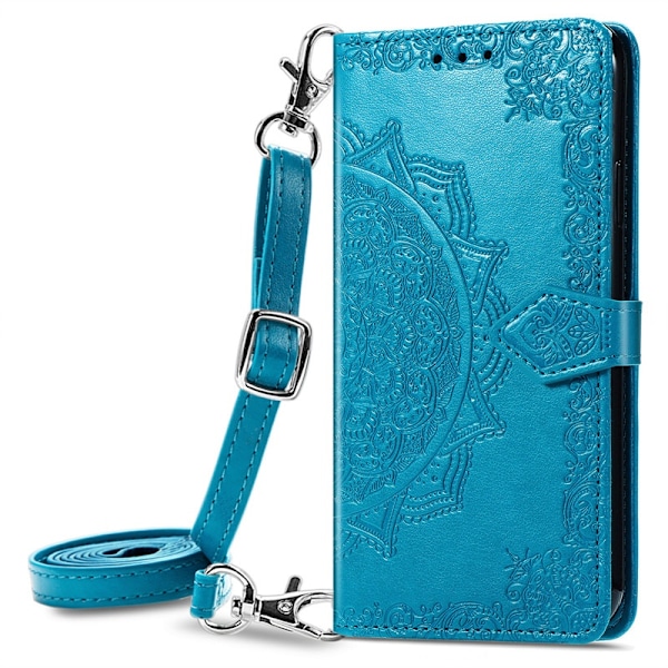 Fodral för iPhone 14 Plus blå mandala läder lång crossbody snodd präglad