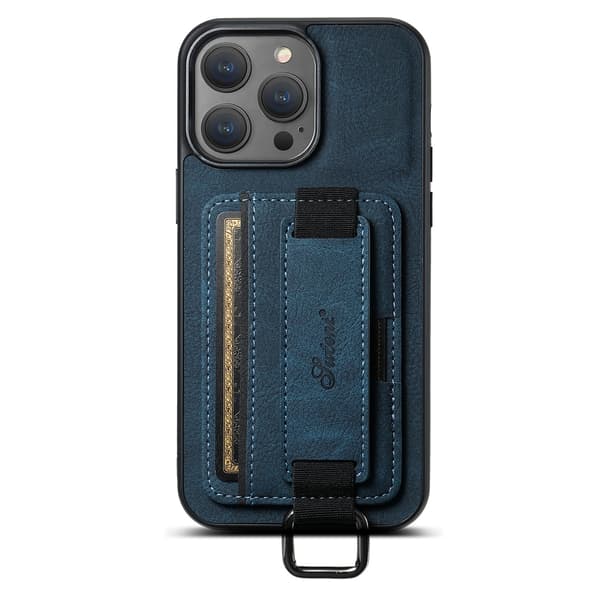 Etui til iPhone 13 Pro H13 Lychee Blå Kort Indsats Håndledsrem Stativ Læder