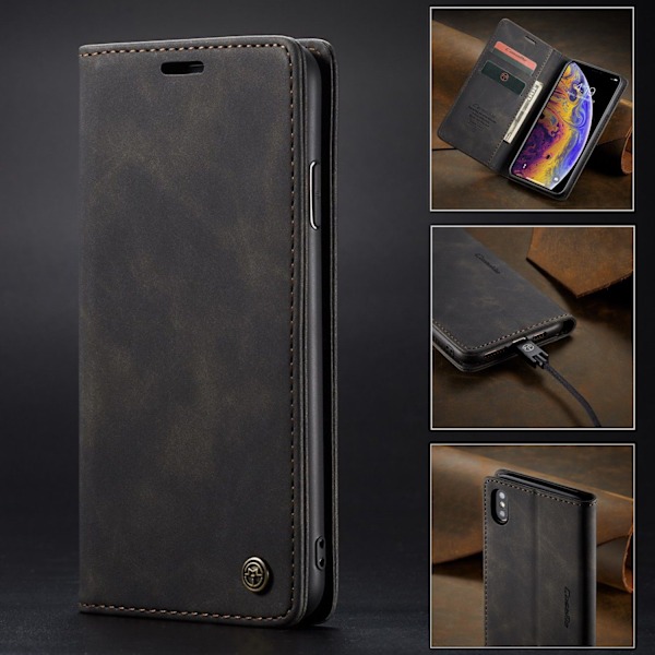 Fodral för iPhone15 svart multifunktionellt läder magnetisk kortplats flip