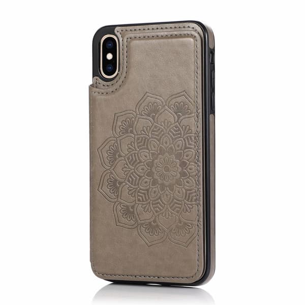 Fodral för iPhone 14 Plus grått präglat mandala dubbelspänne korthållare plånbok