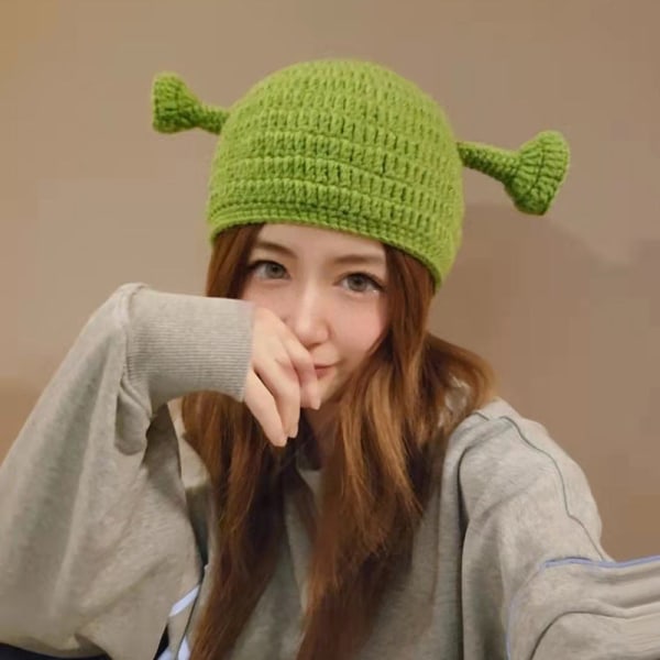 Varm Vinter Strik Beanie Hatte Grøn Monster Shrek Tegneserie Sød Hovedbeklædning Uld Unisex Devil style M