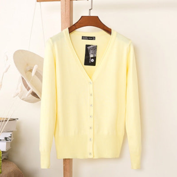 Damestrikk Høst Vinter Genser Loose Crop Top Cardigan Langermet Inverness Light yellow XL