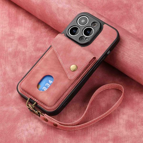 Fodral för iPhone 14 Pro Max rosa läder solid hudkänsla snodd magnetiskt spänne korthållare