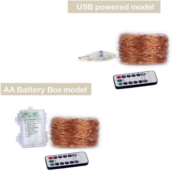 10M 20M Led String Lys Kobbertråd Fjernbetjening USB Batteridrevet til Jul Ferie Bryllupsfest Hjem Indretning Warm white Battery10M 100led