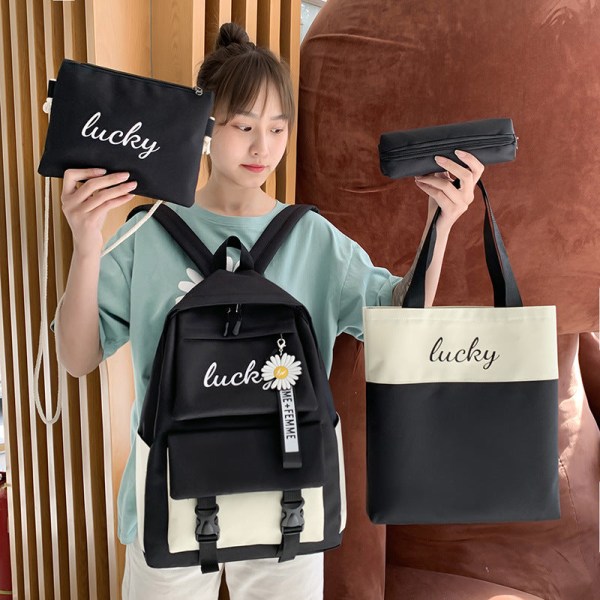 Student girl backpack shoulder bag schoolbag Korean Style Fresh Letters Contrast Color Middle School Students Four-Piece Gray