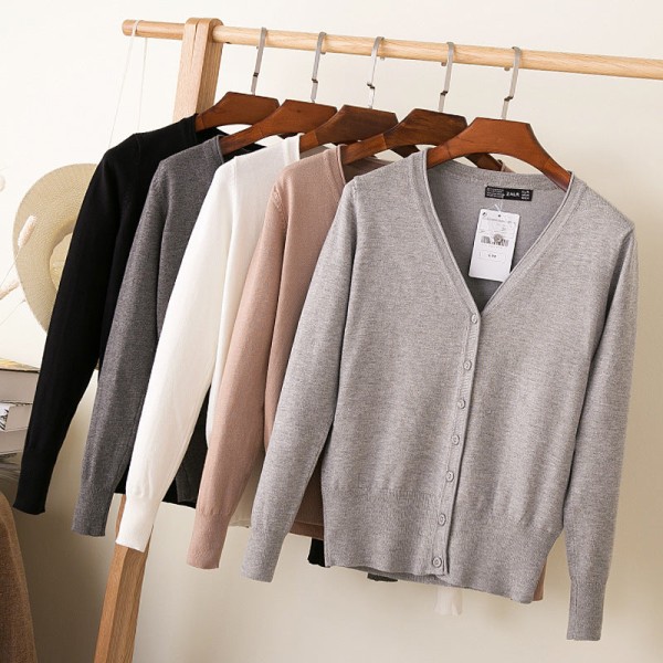 Damestrikk Høst Vinter Genser Loose Crop Top Cardigan Langermet Inverness Light gray M