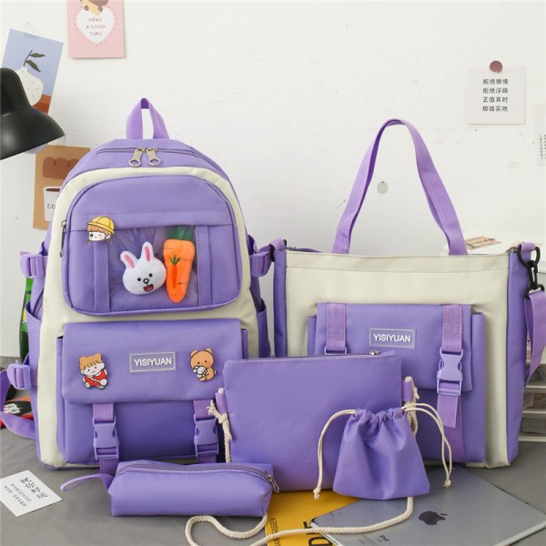 Student jente ryggsekk skulderveske skolesekk sett Canvas Student Korean Large Capacity Campus Purple